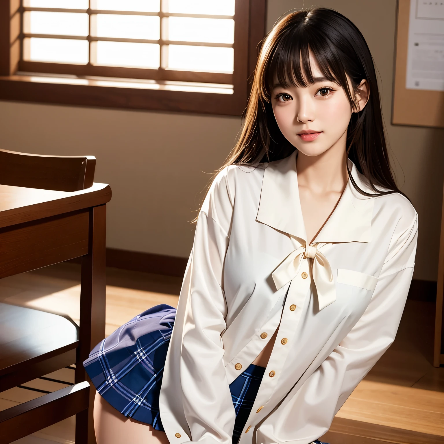 (Detailed CG、Unity、8k wallpaper)、(Very delicate and beautiful)、(masterpiece)、(Highest quality:1.2)、(Ultra-high resolution:1.3)、(Beautiful realistic Asian),Beautiful lighting、Perfect Lightning、Realistic Shadows、Fine skin、Very detailed、Detailed face and eyes、Realistic eyes、Sharp pupils、Huge , In the classroom、School、sunset、Beautiful Face、Blurred Background、(Japanese women)、Glowing Skin、Side Up、Beautiful black hair、Blunt bangs、Japan High School Sailor Uniform、Pleated mini skirt、A kind smile, ((Tabletop, Highest quality)), (Glowing Skin), Cinema Lighting, Physically Based Rendering, Award-winning, Very detailedな肌, Very detailedな顔, Beautiful eyes in every detail, Carl Zeiss 85mm f/1.4, (Cowgirl:1.3), (cumin , Chest and thighs), she&#39;Very cute ************ , (Brown Hair, Straight Long Hair, Open your eyes, Round face), Big cleavage, (Sailor blouse, I pulled up my pleated skirt myself:1.3), Watching from afar, (Spread your legs, Focus on the thighs),art、