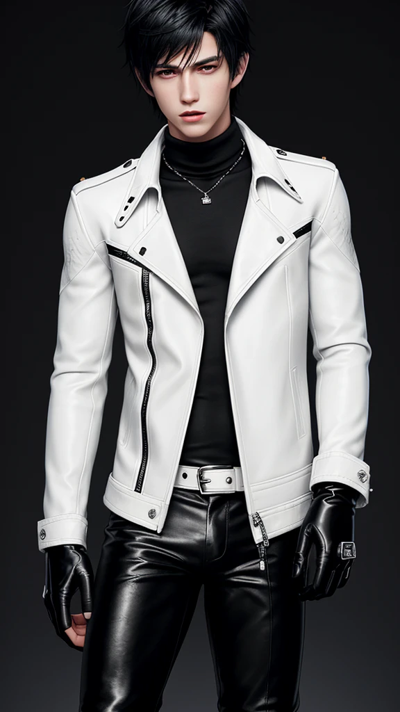 Final fantasy taste and reality graphics, Japanese young cute and cool ikemen boy, his age is early 20s, thin eyebrows and beady eyes, he wearing off white color leather very thick singlebrest biker jacket, with epaulet, jacket is long sleeve, must close the front of the leather jacket, jacket is biker style, jacket is voluminous, , jacket collar is high length stand-up collar with two belts, jacket is a little black color line pattern,close the front of the jacket, also wearing black very thick turtleneck lackluster shirts, tight black leather pants, shiny black leather tight and thin glove, black leather knee-high raceup boots,must views head-to-toe,must views whole body, boy looks like fashion model,Do not show skin from the neck down,leather jacket leather glove and leather pants have few wrinkles,boy in the room,