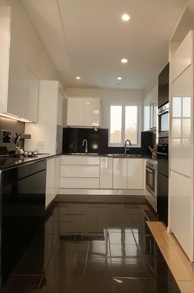 a modern kitchen made entirely of black granite, with technology, well distributed, full ceramic wall and window in the background, white ceiling and door on the right side in the background, view of a cell phone photo