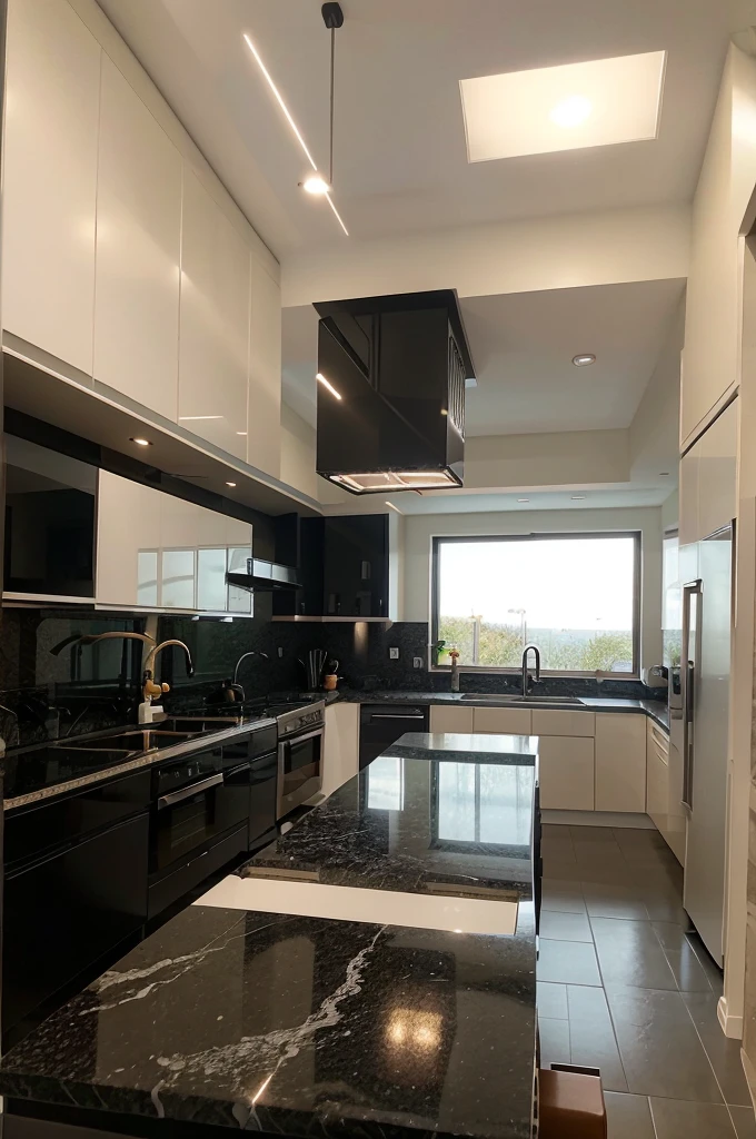 a modern kitchen made entirely of black granite, with technology, well distributed, full ceramic wall and window in the background, white ceiling and door on the right side in the background, view of a cell phone photo