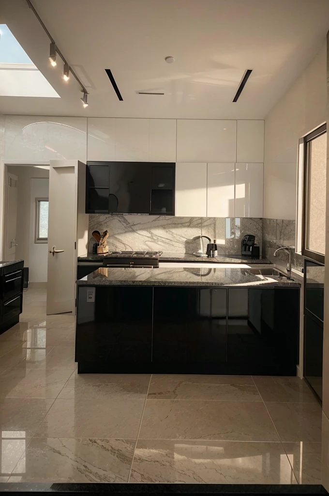 a modern black granite kitchen, high-tech, well-distributed, ceramic wall, background window, white ceiling, right door in the back, smartphone photo view, chiaroscuro lighting, cinematic composition, 8K, photorealistic
