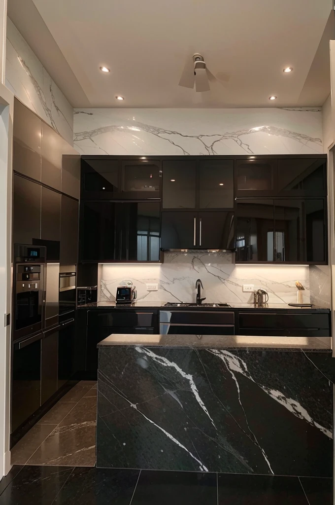 a modern black granite kitchen, high-tech, well-distributed, ceramic wall, background window, white ceiling, right door in the back, smartphone photo view, chiaroscuro lighting, cinematic composition, 8K, photorealistic
