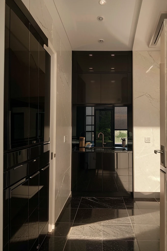 a modern black granite kitchen, high-tech, well-distributed, ceramic wall, background window, white ceiling, right door in the back, smartphone photo view, chiaroscuro lighting, cinematic composition, 8K, photorealistic