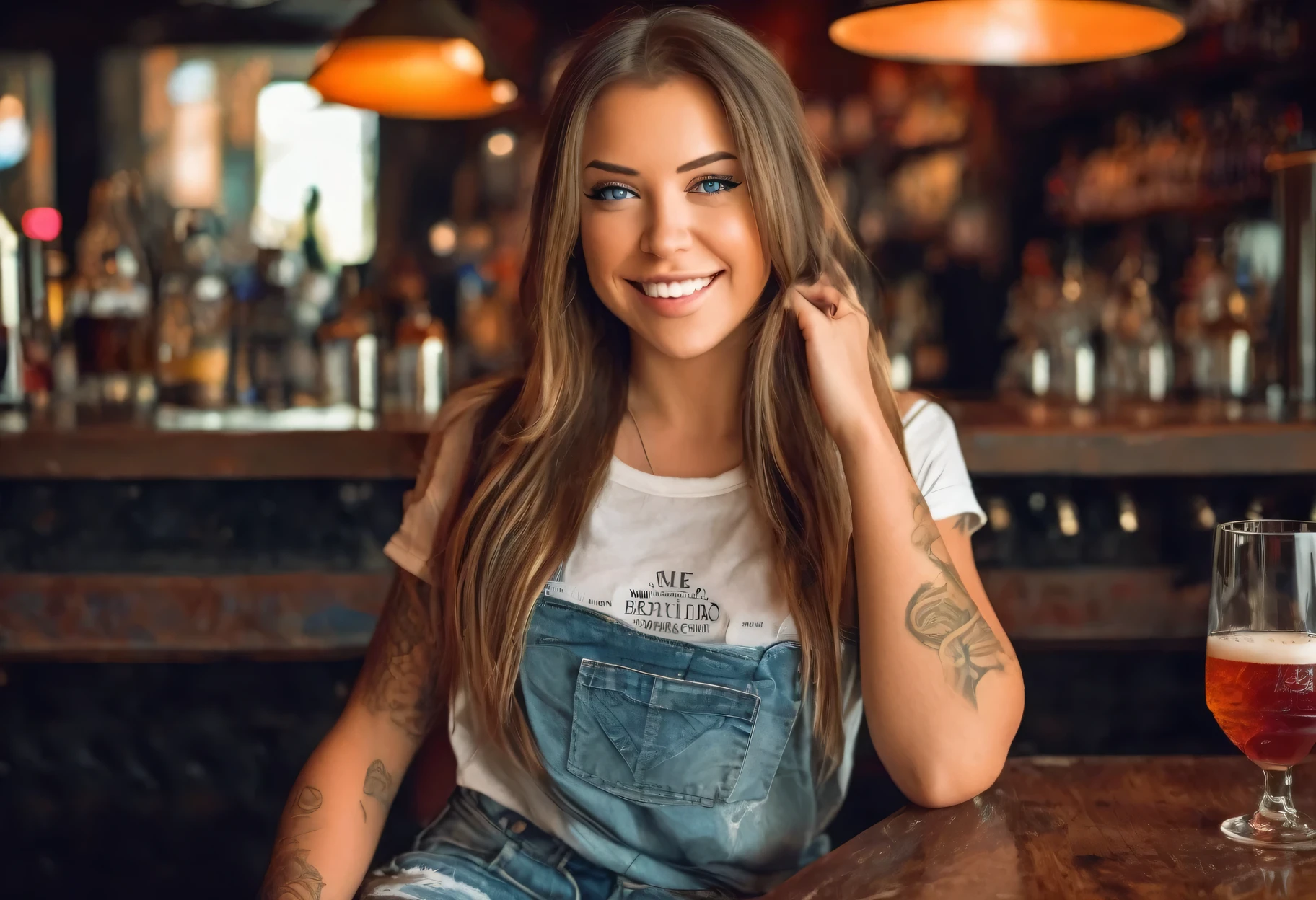 A (MASTERPIECE, BEST QUALITY:1.2), 8K,, full-body image of female laurence bedard (Age 25) dressed in T-shirt and ripped jeans. Extras: perfect-eyes, perfect-lips, stunningly-beautiful, 35mm-raw-photo, dynamic-composition. She has blue eyes and a long-straight hair style. And is in a bar. And she is grinning at the viewer, sexy, horny