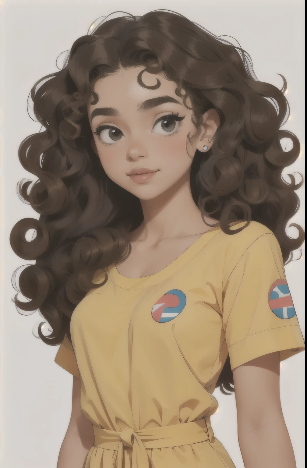 A girl with the curly hair along hair at a sticker in her forehead with modern top dress 