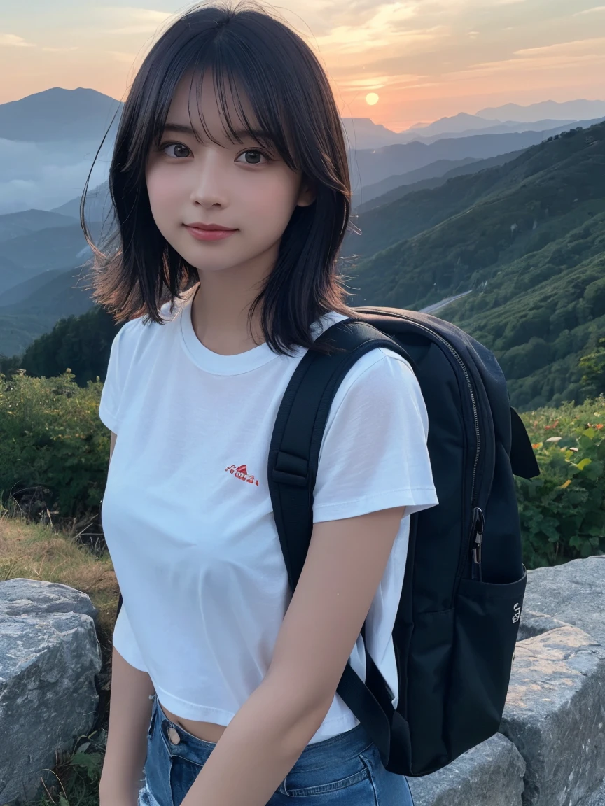 Highest quality, masterpiece, Ultra-high resolution, (Actual:1.3), Original photo, (Nature Photography), (Majestic mountain peaks, sea of clouds), (On top of a very large mountain), (sunset), (girl), (Upper Body), (20-year-old), (smile:0.9), (Shiny skin), (short hair, Dark brown hair), (White T-shirt), (Casual shorts), (Carry a large backpack on your back), (Highly detailed face), (Highly detailed eyes), (Highly detailed nose), (Highly detailed mouth), (Very dexterous), (Super-detailed body), Sony a7, 85mm lens, f9.0, Pan Focus