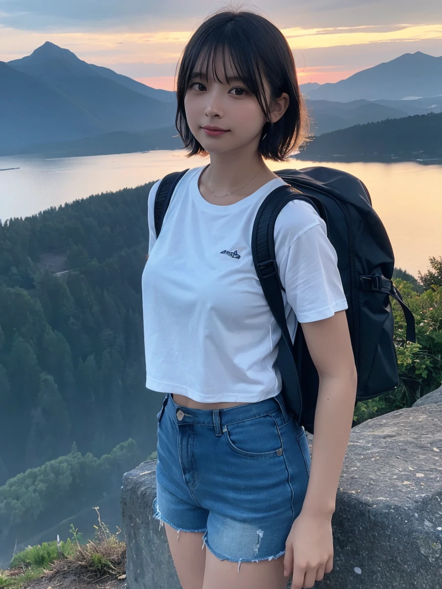 Highest quality, masterpiece, Ultra-high resolution, (Actual:1.3), Original photo, (Nature Photography), (Majestic mountain peaks, sea of clouds), (On top of a very large mountain), (sunset), (girl), (Upper Body), (20-year-old), (smile:0.9), (Shiny skin), (short hair, Dark brown hair), (White T-shirt), (Casual shorts), (Carry a large backpack on your back), (Highly detailed face),  (Highly detailed eyes), (Highly detailed nose), (Highly detailed mouth), (Very dexterous), (Super-detailed body), Sony a7, 85mm lens, f9.0, Pan Focus
