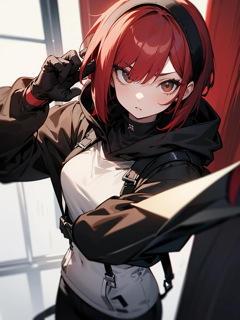 A girl with short red Bob style hair, white skin, light brown eyes, black gloves, black hoodie on head, black pants with straps, looking at the mobile phone in her hands