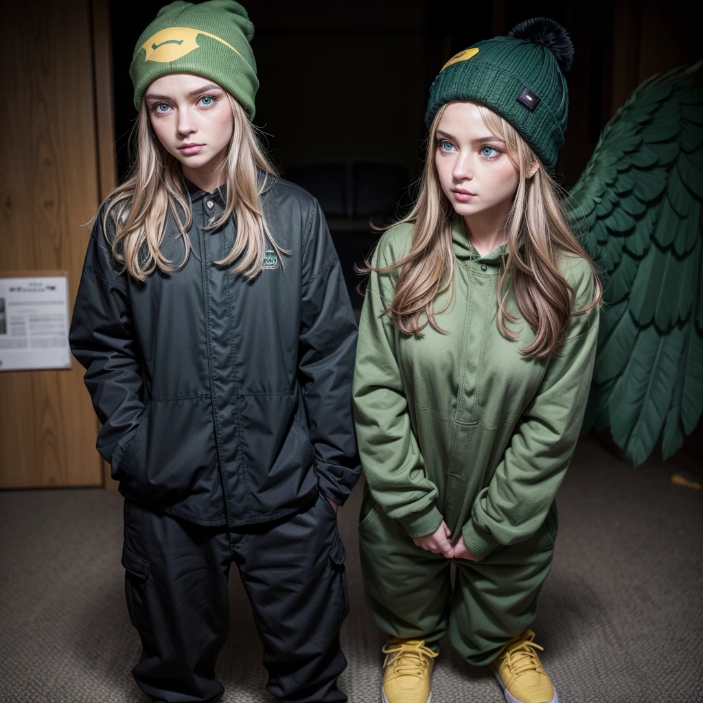 Black married green bird, Jens pants, wings, nervous face, shoes black, yellow breast, blue beanie, blue eyes and blush on the cheekBlack married green bird, Jens pants, wings, nervous face, shoes black, yellow breast, blue beanie, blue eyes and blush on the cheek