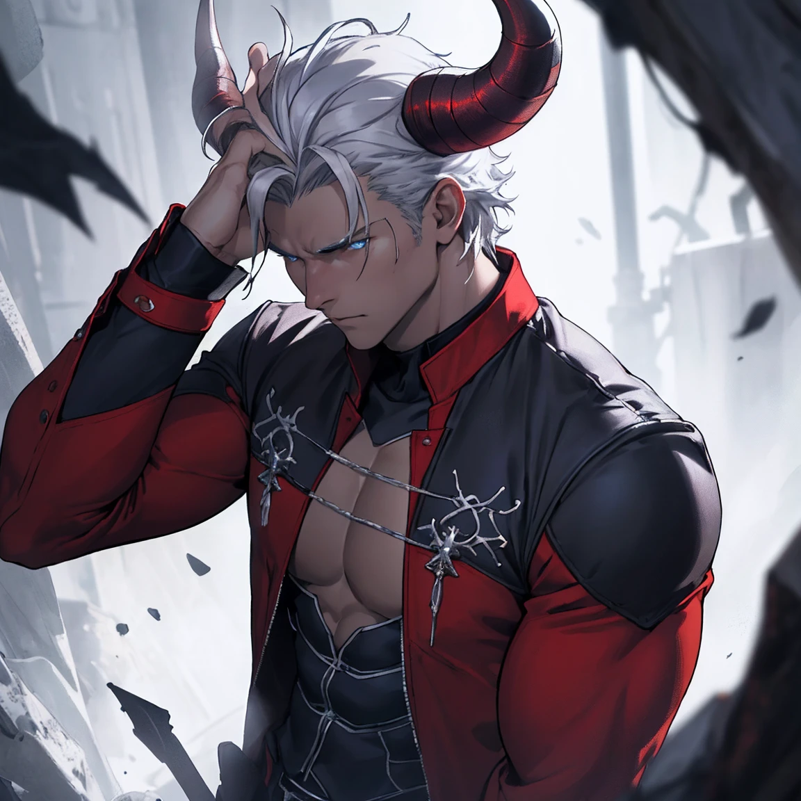 work of art,best qualityer,high resolution,cinematic lighting,dramatic angle, demon, naughty man, silver-haired, with 2 horns, young-looking red skin, sad and severe look, blue nobles clothes