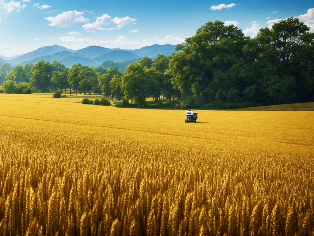 Masterpiece, best quality, (very detailed CG unified 8k wallpaper) (best quality), (best illustration), (best shade) nature harvest wheat, super meticulous --v6, people working in the fields