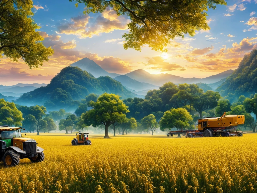 Masterpiece, best quality, (very detailed CG unified 8k wallpaper) (best quality), (best illustration), (best shade) nature harvest wheat, super meticulous --v6, people working in the fields