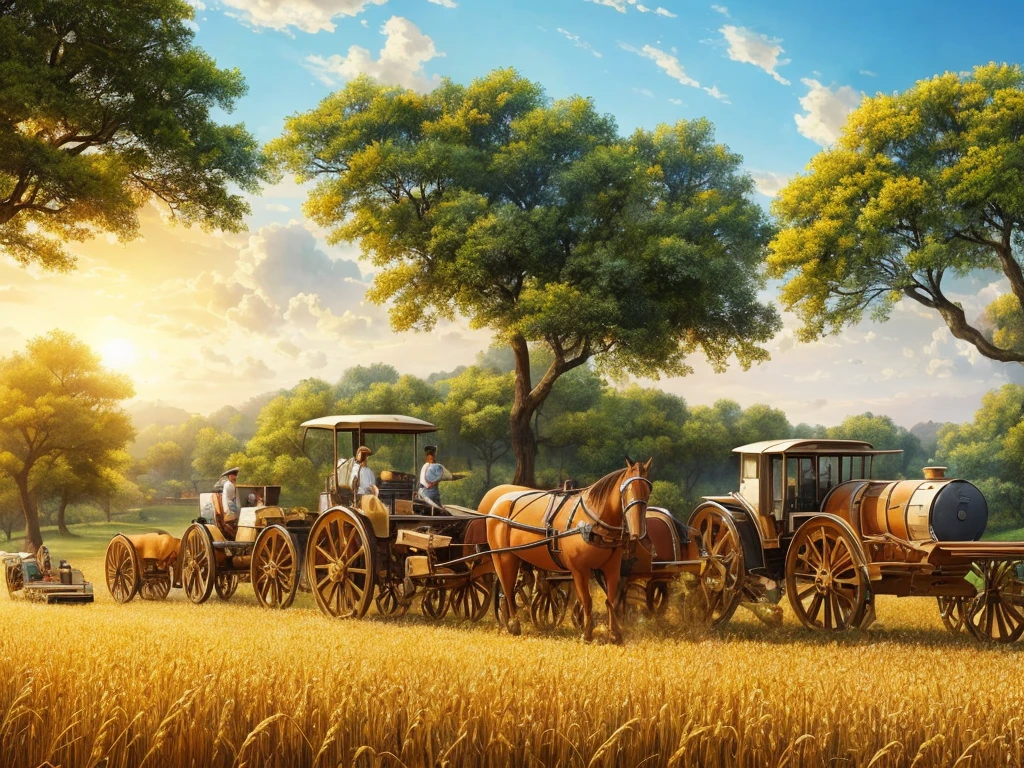 Masterpiece, best quality, (very detailed CG unified 8k wallpaper) (best quality), (best illustration), (best shade) nature harvest wheat, super meticulous --v6, people working in the fields