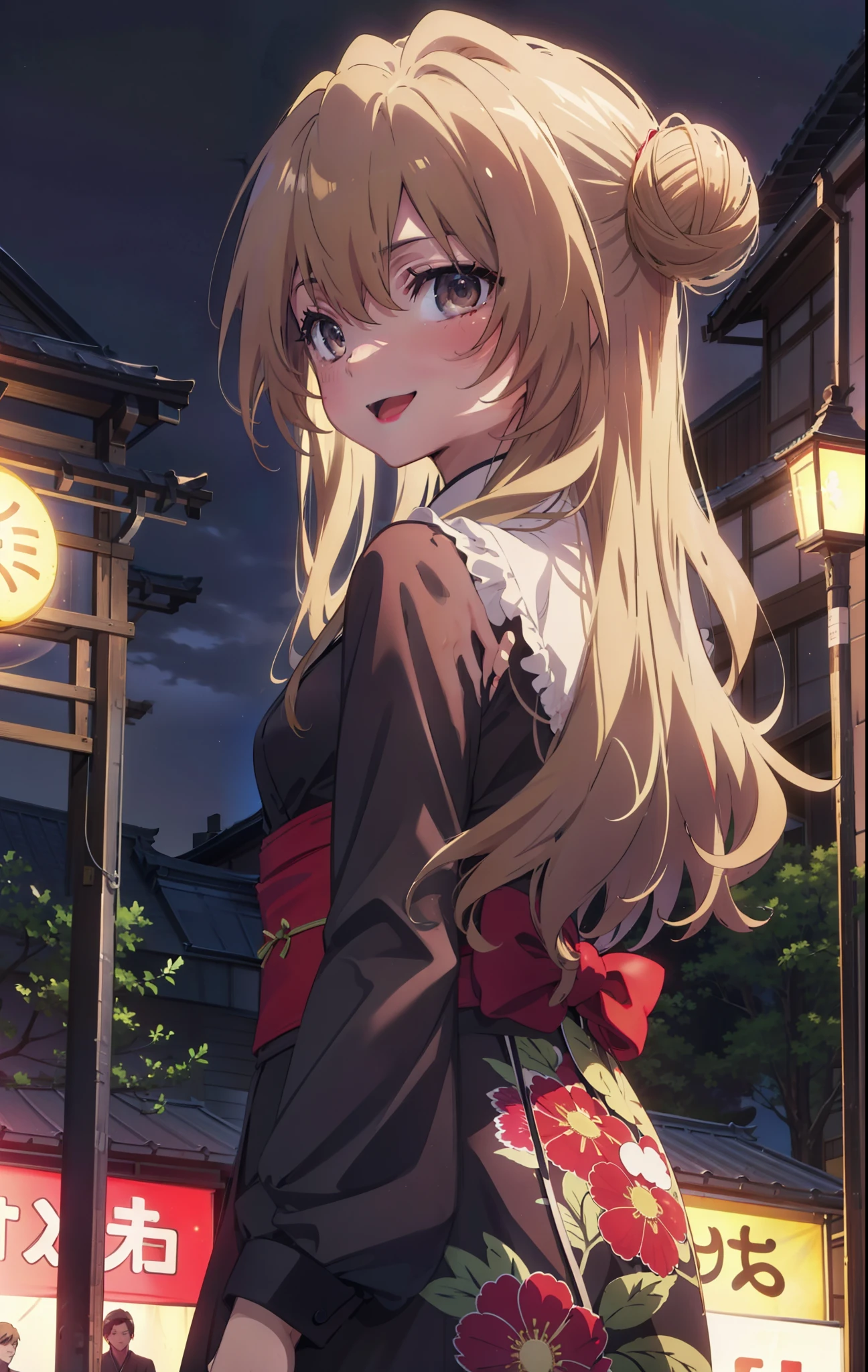 taiga aisaka, taiga aisaka, Long Hair, Brown Hair, Brown eyes,happy smile, smile, Open your mouth,Squint your eyes,Hair Bun, single Hair Bun,Black kimono,Thick sleeves,日本のfestival,夏festivalの屋台,Red lantern,night,night空の花火,Fireworks,The place is a fireworks display,時間はnightです,sunny day,turn around,As if your whole body is in the illustration,Walking, break looking at viewer, Upper Body, (Cowboy Shot:1. 5),
break outdoors, festival,shrine,
break (masterpiece:1.2), Highest quality, High resolution, unity 8k wallpaper, (shape:0.8), (Beautiful attention to detail:1.6), Highly detailed face, Perfect lighting, Highly detailed CG, (Perfect hands, Perfect Anatomy),