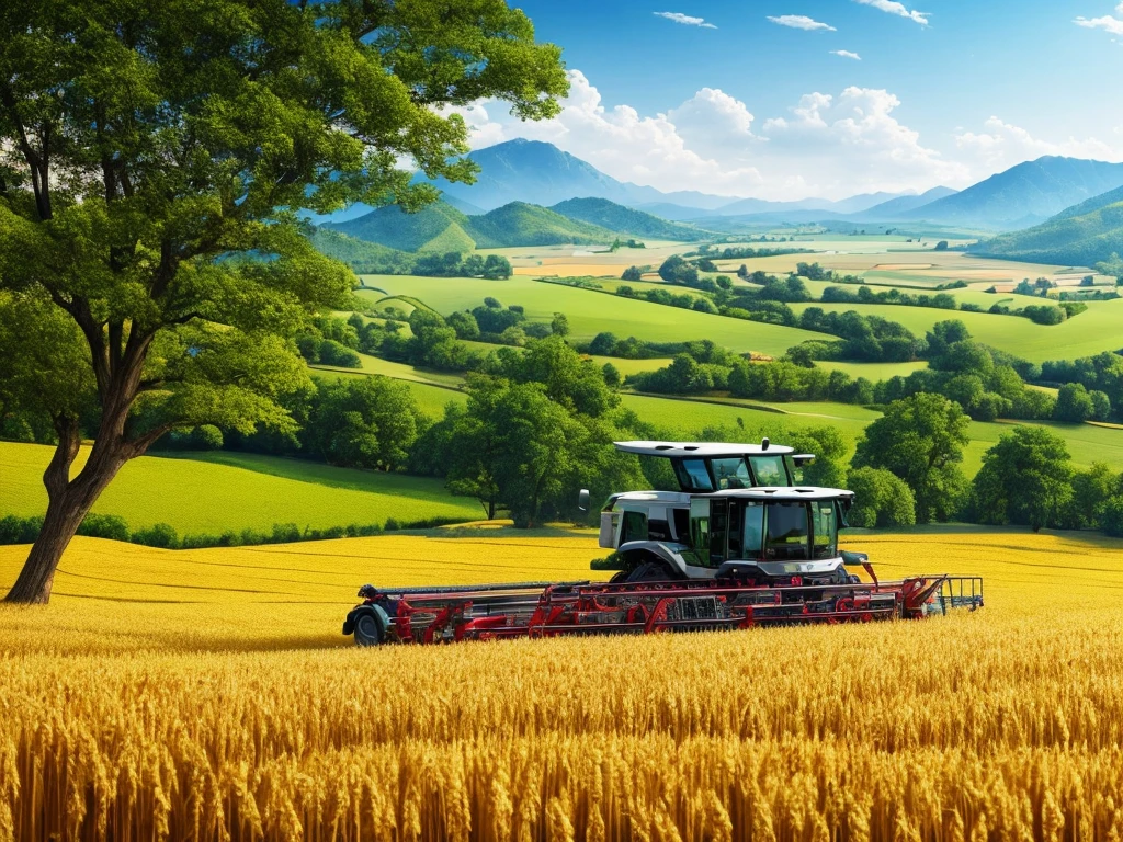 Masterpiece, best quality, (very detailed CG unified 8k wallpaper) (best quality), (best illustration), (best shade) nature harvest wheat, super meticulous --v6, people working in the fields