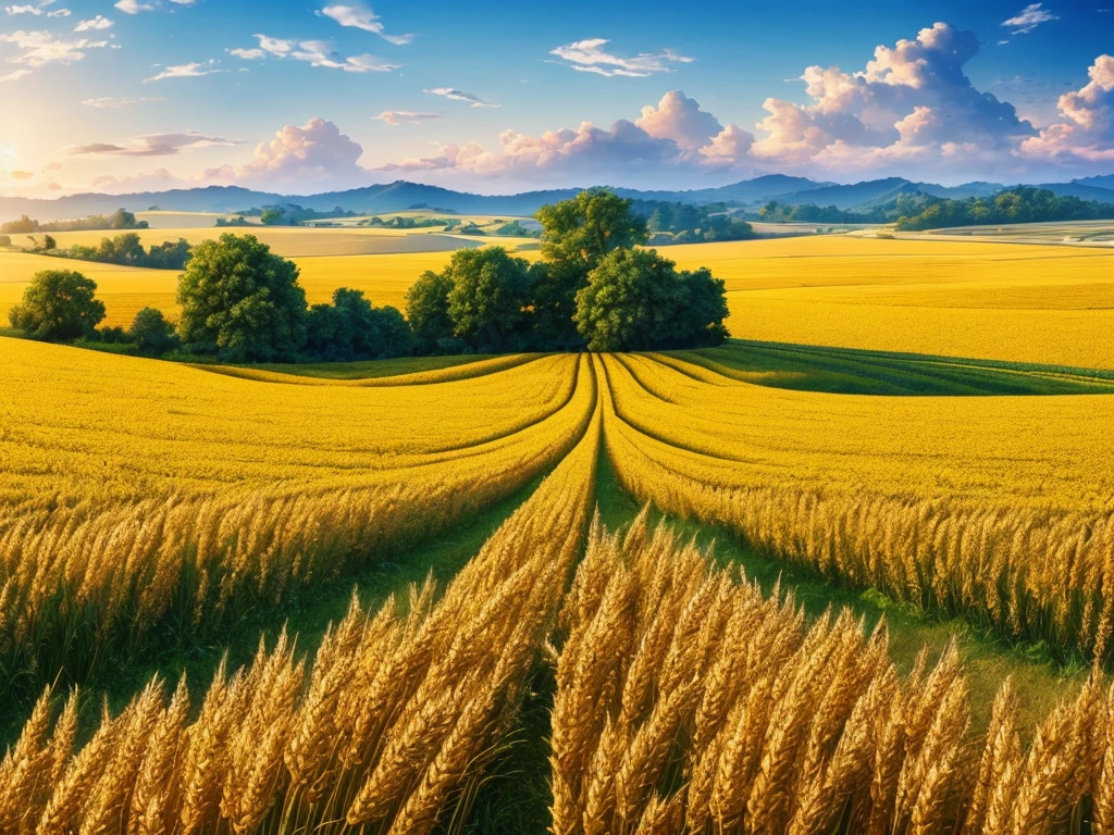 Masterpiece, best quality, (very detailed CG unified 8k wallpaper) (best quality), (best illustration), (best shade) nature harvest wheat, super meticulous --v6, people working in the fields