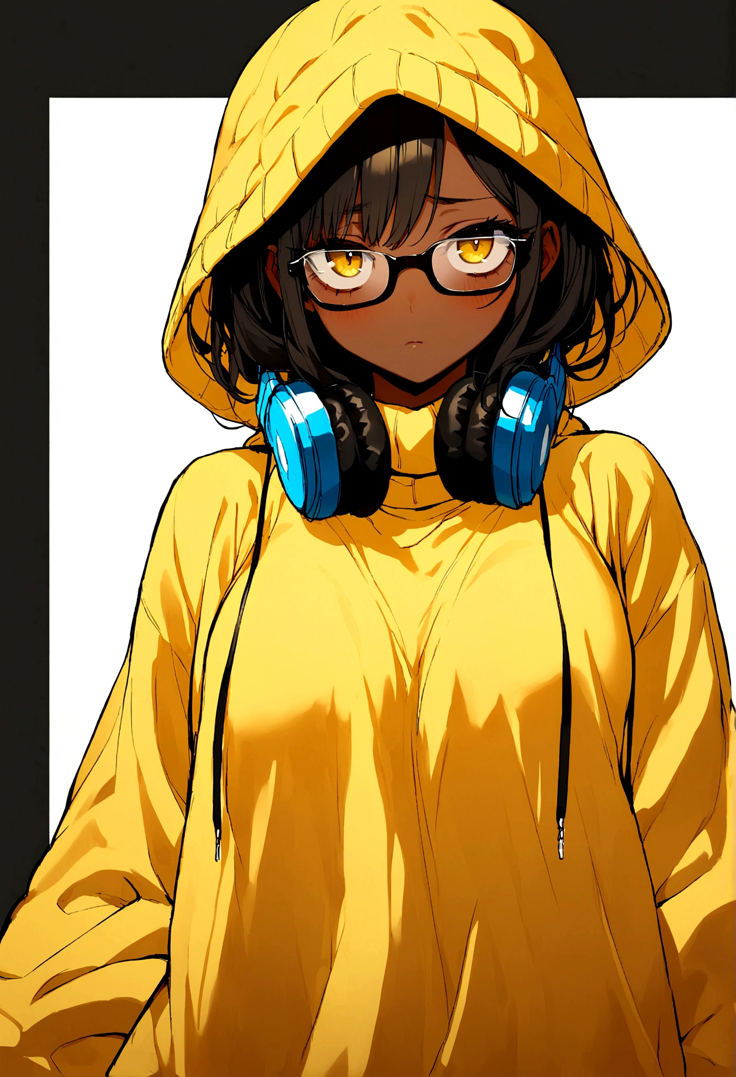 Girl, black hair blonde highlights, brown skin, black square glasses, tired look, eye bags, dead yellow eyes, baggy clothes, big sweater, headphones around neck