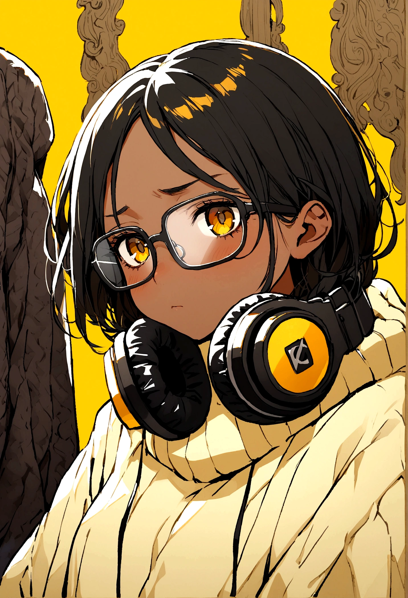 Girl, black hair blonde highlights, brown skin, black square glasses, tired look, eye bags, dead yellow eyes, baggy clothes, big sweater, headphones around neck