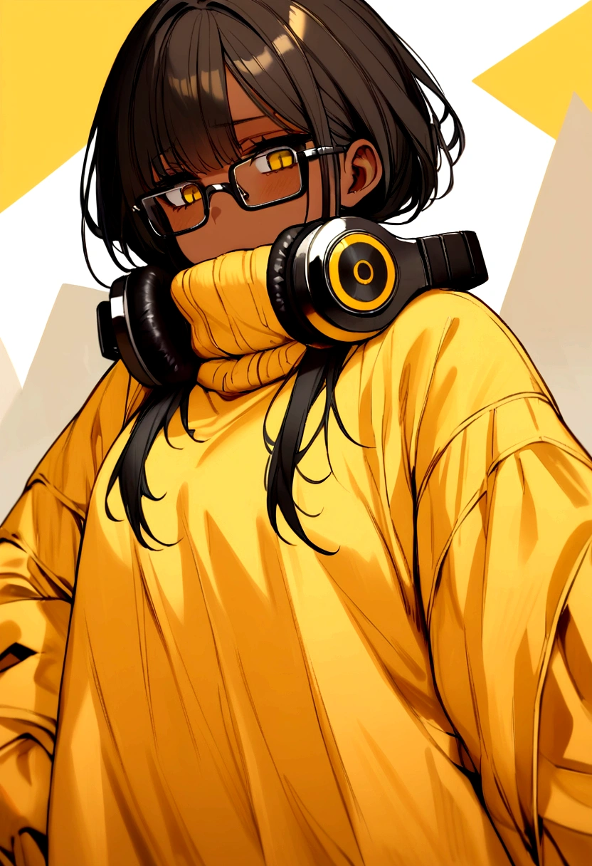 Girl, black hair blonde highlights, brown skin, black square glasses, tired look, eye bags, dead yellow eyes, baggy clothes, big sweater, headphones around neck