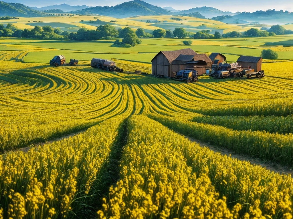 Masterpiece, best quality, (very detailed CG unified 8k wallpaper) (best quality), (best illustration), (best shade) nature harvest wheat, super meticulous --v6, people working in the fields