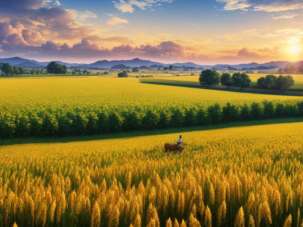 Masterpiece, best quality, (very detailed CG unified 8k wallpaper) (best quality), (best illustration), (best shade) nature harvest wheat, super meticulous --v6, people working in the fields