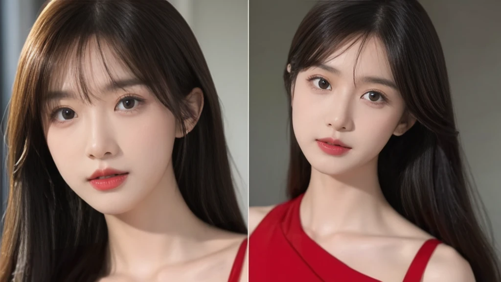 (masterpiece),(Best quality:1.0), (Ultra-high sharpness:1.0), A detailed description, 8K, Japanese cartoon, 1 girl, beautiful Japanese cartoon girl, Wearing a red dress, corolla, Pretty Face, Detailed face, beautiful eyes, Delicate eyes, Dark red eyes, Bright red lips, Red lipstick, Beautiful and stylish hair, Hair highlights, bangs Japanese cartoon style, Best quality, Energetic