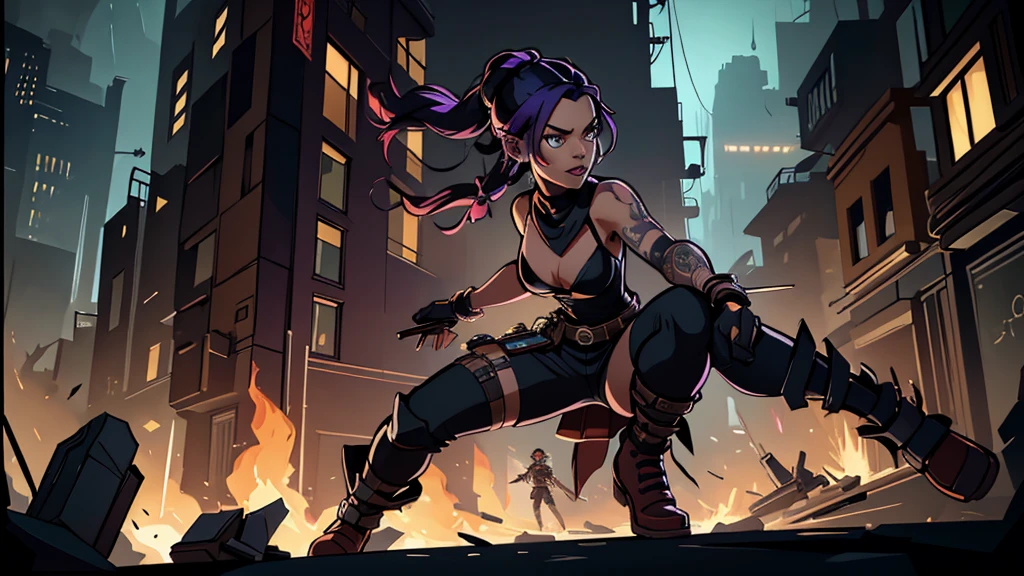 ((Best quality)), ((masterpiece)), (very detailed:1.3), 3d, Secret style,In the dark and masculine dystopian city of Piltover., engulfed in violence and divided into two opposing factions, a young prodigy named Jinx emerges. Having experienced unimaginable loss and abandonment, she embraced a life of chaos and destruction. Known for her inventive and explosive abilities., Jinx becomes an icon of rebellion against repressive forces, controlling the city.. However, haunted by guilt and battling inner demons, She must confront her past and decide, whether to continue down the path of anarchy or seek redemption amidst the chaos.. Explore Jinx&#39;s path, traveling through a treacherous world., fighting for survival, unlocking secrets, and discovering the true meaning of her twisted existence, chaos reigns, and at the center of it all is Jinx, the embodiment of unpredictability. Dive deep into Jinx&#39;s twisted mind., exploring the origins of his madness and the driving force behind his destructive nature. Uncover the moments, who turned her crazy, iconic character, whom we know. Embark on a wild ride through the busy streets of Piltover and the dark suburbs of Zaun, as Jinx wreaks havoc with his explosive arsenal.. Can redemption find its way into Jinx&#39;s broken soul??? Or will she dance forever on the edge of sanity?, embrace chaos, which fuels her very existence? Arcane&#39;s fate hangs in the balance, as Jinx&#39;s path intertwines with unlikely allies and formidable enemies.. Ignite your imagination and paint a vivid portrait of Jinx's twisted psyche., capturing the essence of her madness and indomitable spirit, which defines it, HDR (high dynamic range), ray tracing, NVIDIA RTX, Super resolution, Unreal 5, Subsurface scattering, PBR текстурирование, Post-processing, Anisotropic filtering, depth of field, Maximum clarity and sharpness, Lots of textures
