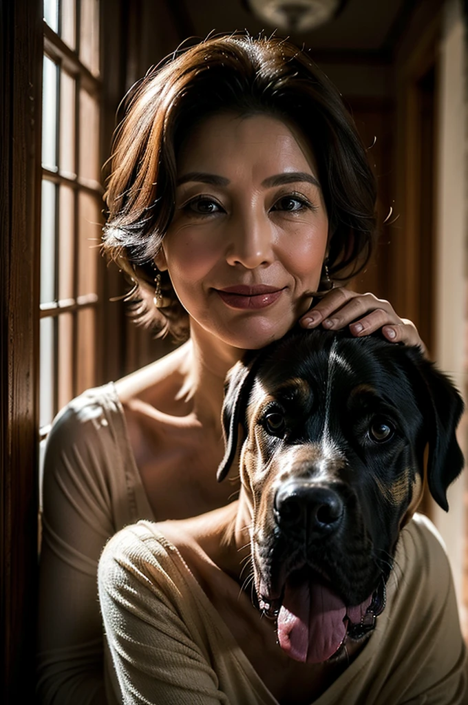 (masterpiece:1.4),((1 woman and 1 dog : 1.5)), (((portrait of mature woman and her big dog : 1.4))), (63-year-old woman:1.5), (Facial wrinkles : 1.2), Nasolabial folds, (looking at viewer : 1), (smirking : 1.3), pores, dull skin, skin blemishes, (short hair), large saggy breasts, plump body, (elegant lady), (classy formal dress), detailed backgrounds, (Old Western-style building), (dim atmosphere), gloomy, dark lighting, (dog's tongue), (dog is hugging a woman)