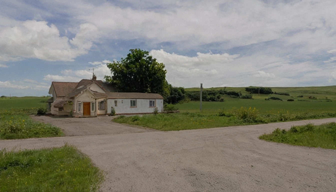 house, end of asphalt street, close to isolated open field, quiet day, no people in the environment