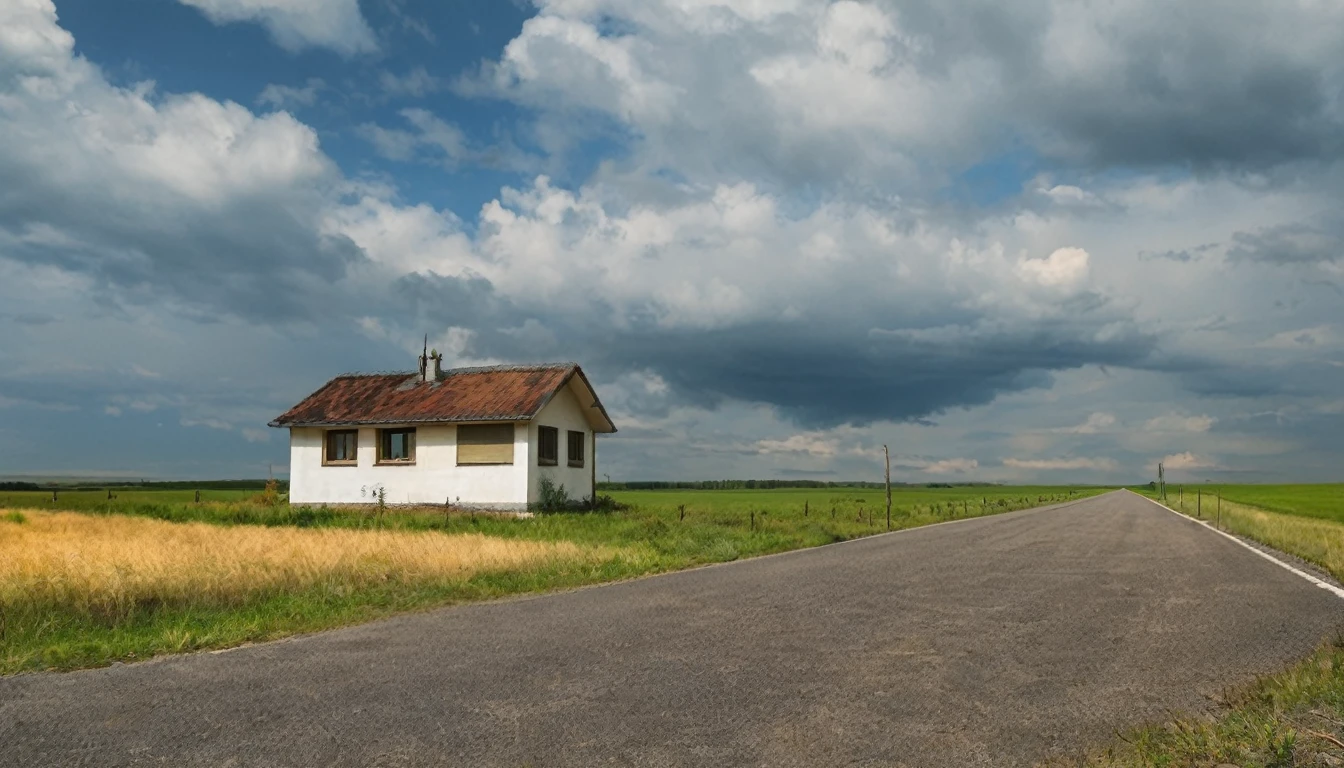 house, end of asphalt street, close to isolated open field, quiet day, no people in the environment