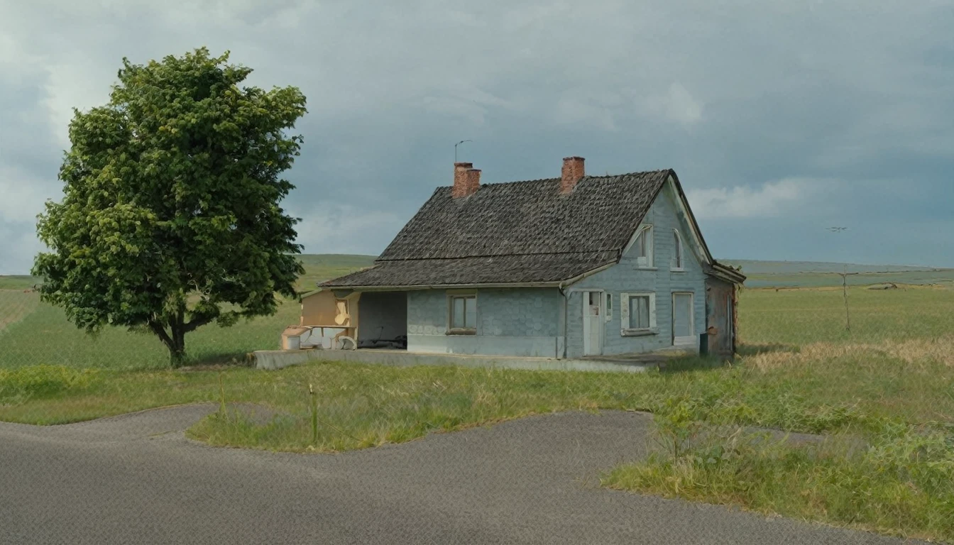 house, end of asphalt street, close to isolated open field, quiet day, no people in the environment