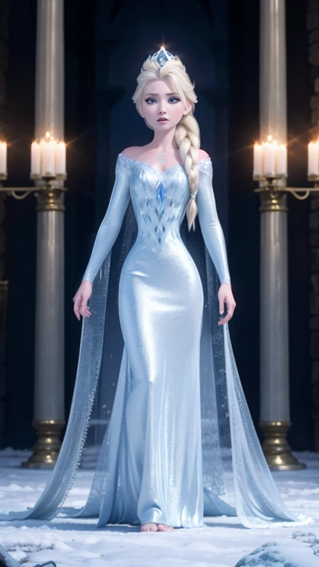 ((full body photo, standing)) 1 gorgeous European blonde woman, age 23, she is the powerful queen of the frozen world, she stands on her metallic frozen throne