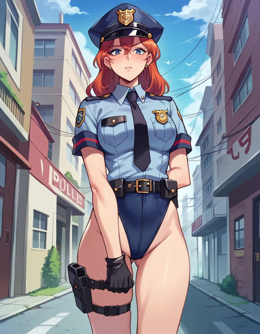 There is a woman in a police uniform, official, police official, (Yoshida Yuuko), relaxed police, Attire: cop, redhead woman, yoshida yuuko wearing a police uniform, high resolution commission, sheriff woman, Lois van Baarle y Rossdraws, bottomless, leotard blue, bare legs, standing, (((his hands are behind his body)),((The whole body is tightly bound.)) in dungeon,