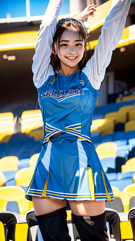 (((top-quality, 8K, photographrealistic:1.4, ​masterpiece, realistic, photographic, photo))), Back light, Highly detailed facial texture girl, 15years old, childlike, (((Blue Cheerleader:1.2))), ((Stadium Background:1.2)), with arms up, A smile, open mouth, black hair and twin tail, Parted sleeves, bare shoulders​, Center opening, flat chest, AAA cup, ribbon, Kneeling, cute, beautiful, sexy navel, detail