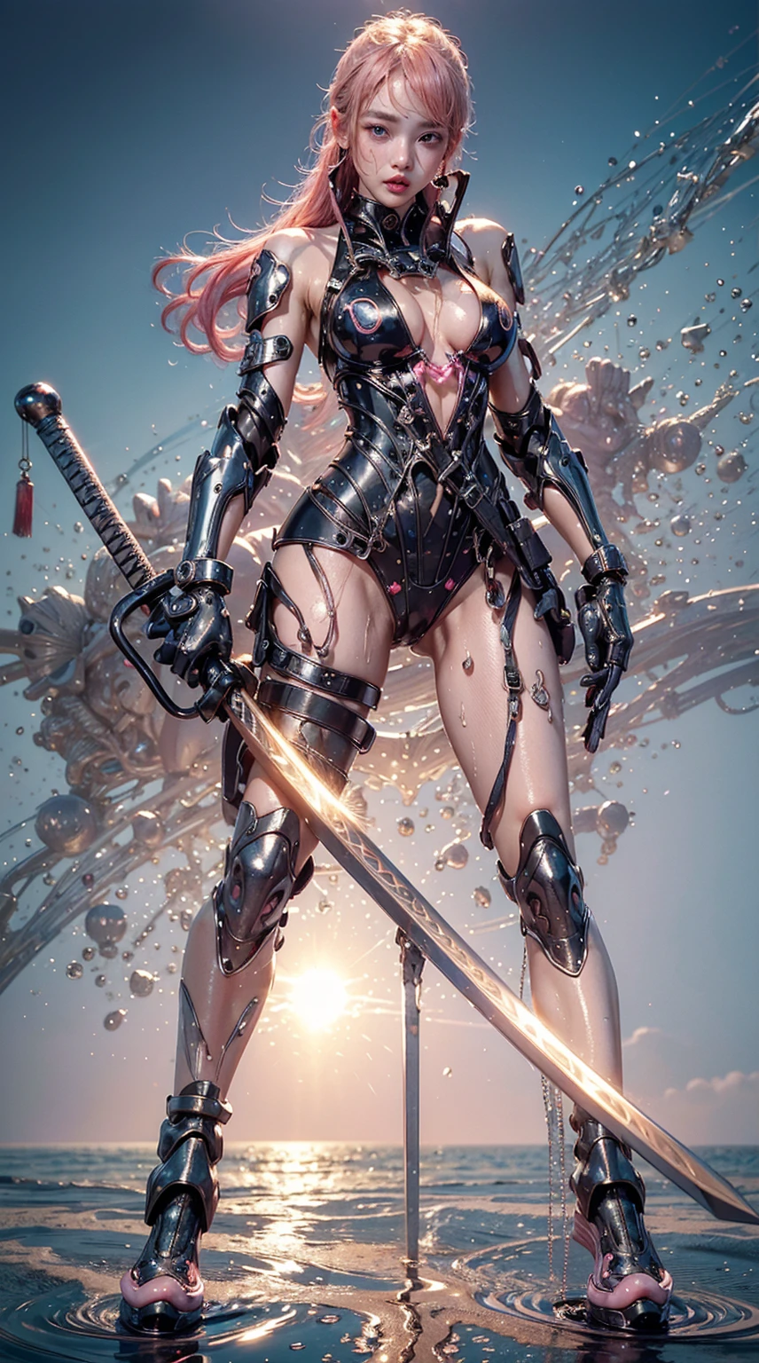 Highest quality、Surreal、Perfect Anatomy、In the middle of a crowded arena、Wet and shiny white skin、Sweat dripping all over the body、Small face、Model Body Type、Golden and pink hair、Black micro bikini、blush、Collars and Leads、Black Japanese sword、Heart shaped decoration、Dripping blue liquid、Intricate, luminous mechanical parts、