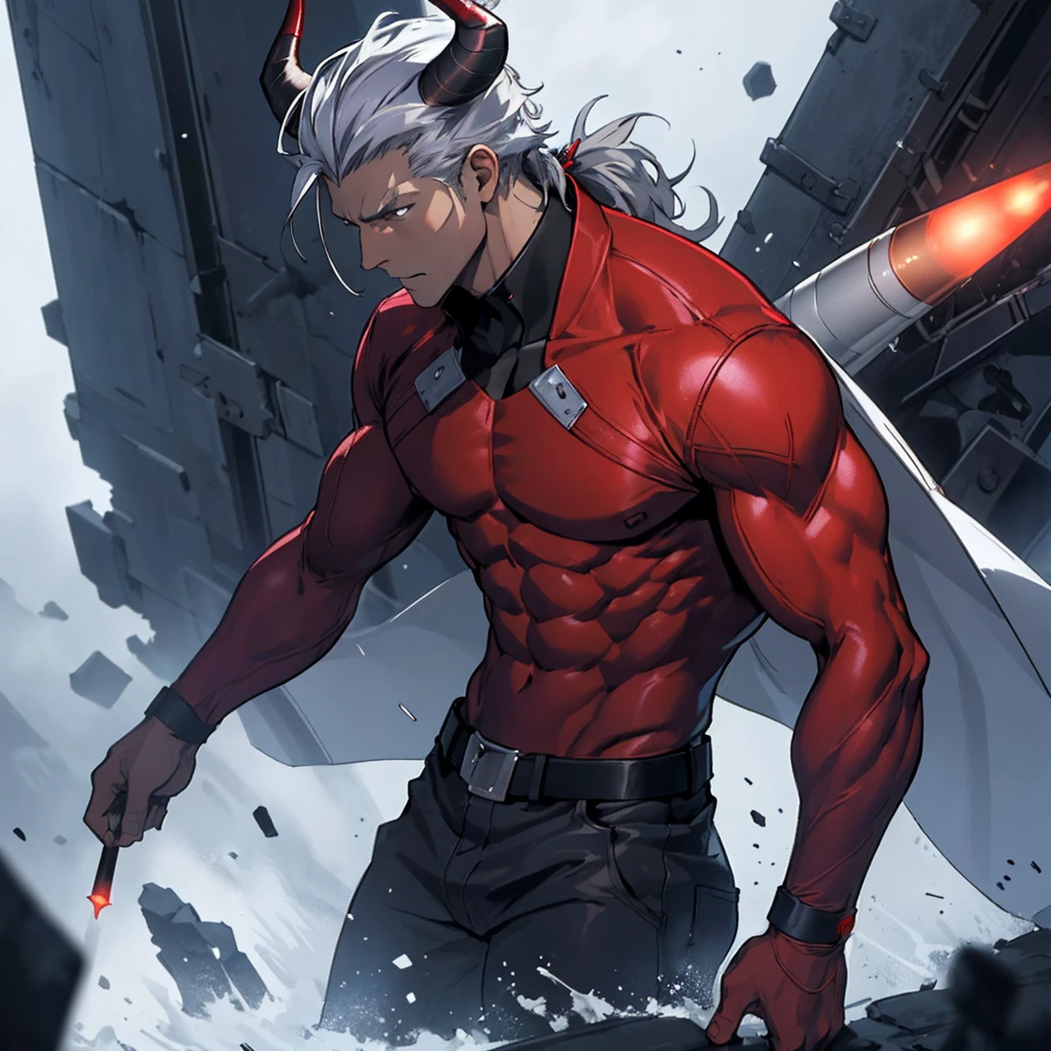 work of art,best qualityer,high resolution,cinematic lighting,dramatic angle,1 old,Izudia,missilesduras,cape,holding missiles,弓 \(missiles\),demoness, naughty man, silver-haired, with 2 horns, young-looking red skin, sad and severe look, blue nobles clothes, No hands