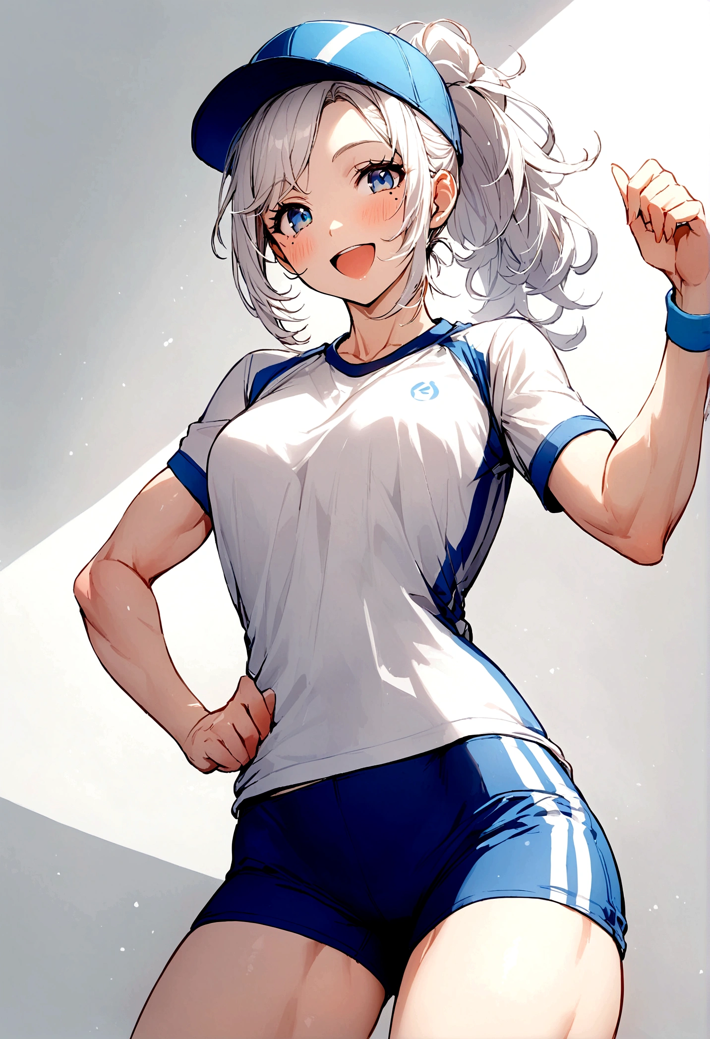 Girl, white hair, blue eyes, ponytail the flares out, hat, mole next to left eye, mole next to right eye, sports shirt, happy and energetic, toned body