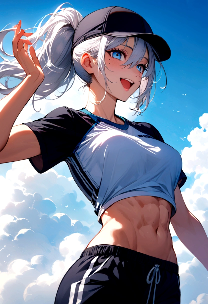 Girl, white hair, blue eyes, ponytail the flares out, hat, mole next to left eye, mole next to right eye, sports shirt, happy and energetic, toned body