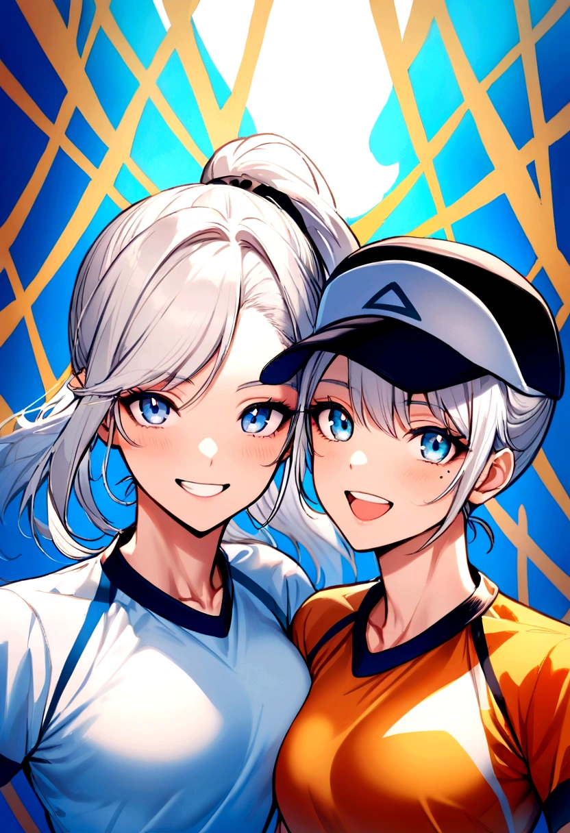 Girl, white hair, blue eyes, ponytail the flares out, hat, mole next to left eye, mole next to right eye, sports shirt, happy and energetic, toned body