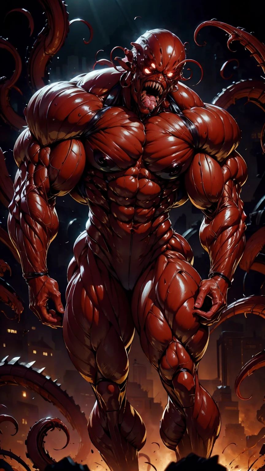 megan fox as a vampiric muscular red carnage, (mouth wide open with tongue out:1.25), (red carnage anatomic muscular bio-mecha muscle suit:1.25), (body totally covered in muscles, veins, tendons), (perfect muscular anatomy), (wide upper body:1.25), (thin legs:1.25), (beautiful face:1.25)
