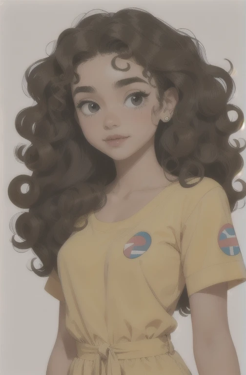 A girl with the curly hair along hair at a sticker in her forehead with modern top dress