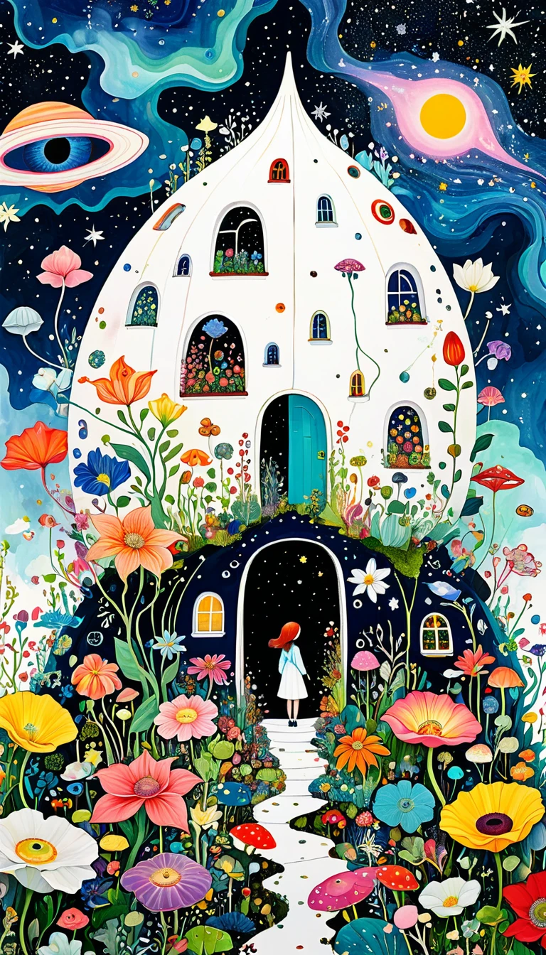 Huge flower house，microorganism、plant、Marine life、Eye、Starry Sky，Stitching together an abstract painting，Describing the inner world of autistic people，Sense of space，White Space，interesting，Innocence，Psychedelic Art