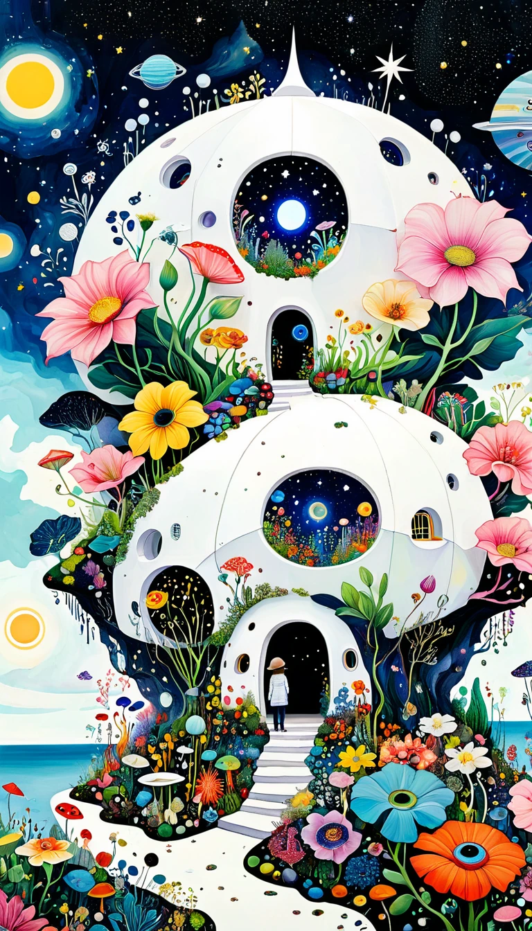 Huge flower house,microorganism、plant、Marine life、Eye、Starry Sky,Stitching together an abstract painting,Describing the inner world of autistic people,Sense of space,White Space,interesting,Innocence,Psychedelic Art