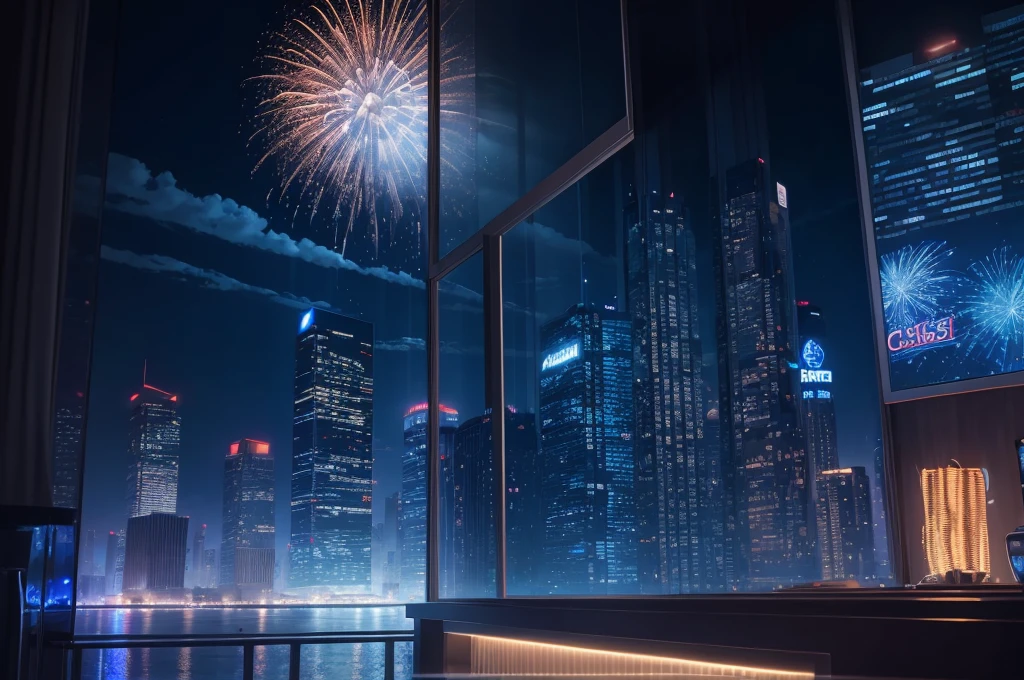 blue casino, night, downtown, HDR, 4k resolution, firework, modern architecture, slot machine, indoor, blue light, glass window, skyscraper view