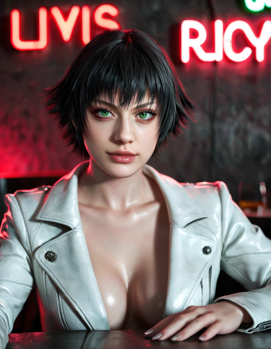 (best quality:1.2), lady (from devil may cry 5:1.1), perfect face, white jacket, green eyes, lying in a table, in a dark agency background, "devil may cry" neon red sign , night, alone
