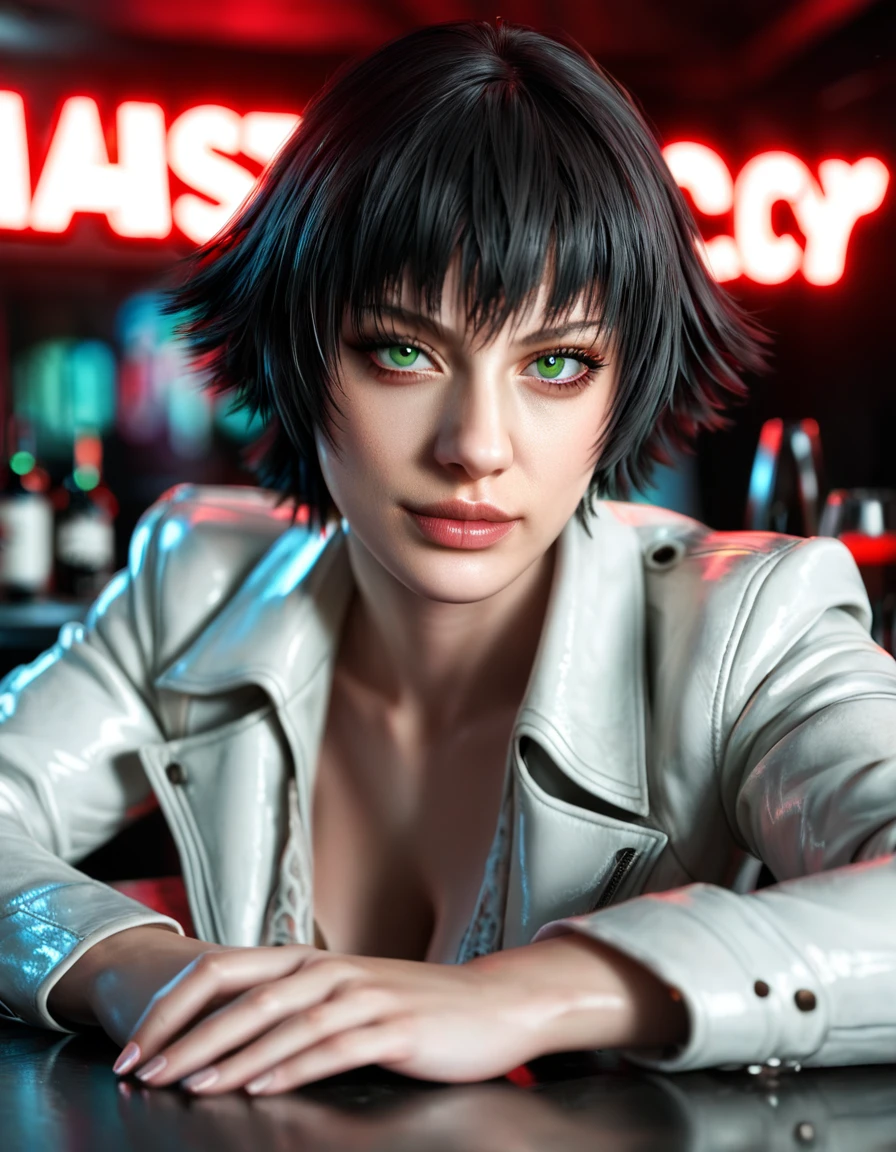 (best quality:1.2), lady (from devil may cry 5:1.1), perfect face, white jacket, green eyes, lying in a table, in a dark agency background, "devil may cry" neon red sign , night, alone
