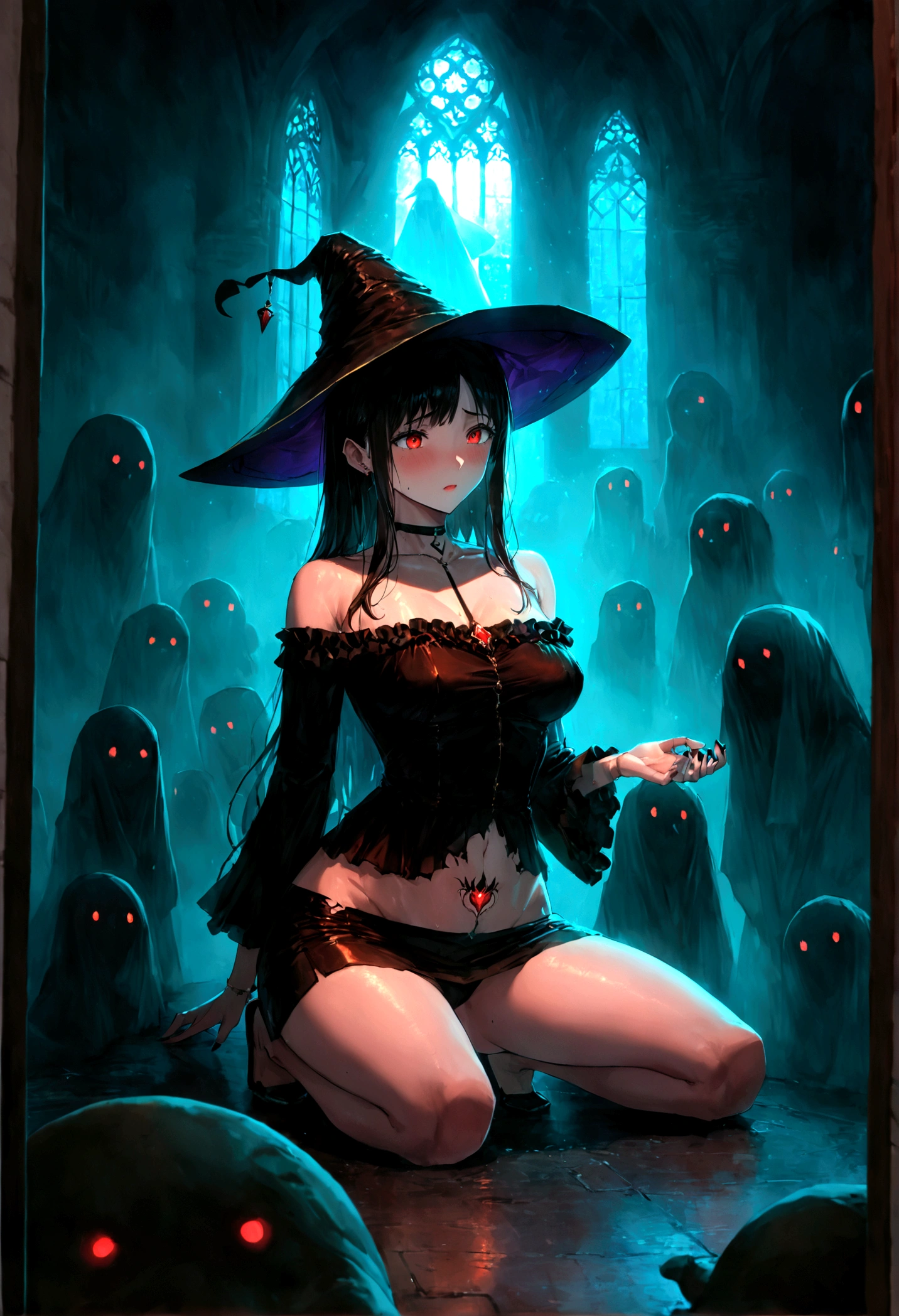 Sexy photo of the most beautiful work of art in the world, illustration, cinematic light, Fancy, high resolution, Superior quality, ultra detailed, Best Quality, Masterpiece, (detailed face), sexy mature woman with shirt and full body (torn) (transparent galaxy) screen shelter, floating fabric, meat , choker, bright (Fancy criminal para personas mayores) Forest plants with neon details, shoulders abiertos, pequeña mariposa bright, with a broken witch hat (focus on the body: 1,25 ), evening, small mutated animals in the background, torn miniskirt, a potion on the hip, shoulders, radiating magical energy, Camel leg, darkness, light reflection, ((32 year old woman)) , black underwear,(with sexy legs )、(journey)、(supine)、Head with long black hair,love game,Forced orgasm,squirt, ecstasy, I play with the urethra, ((women's casual clothing ),(high quality, realist, ultra detailed),blood mage ,dark and gloomy magical atmosphere,old church with biblical windows,beautiful woman with piercing red eyes,1woman surrounded by ethereal spirits and followers,((cult queen)),darkness eterna y profunda,penitent ghosts,group of humanoid spirits