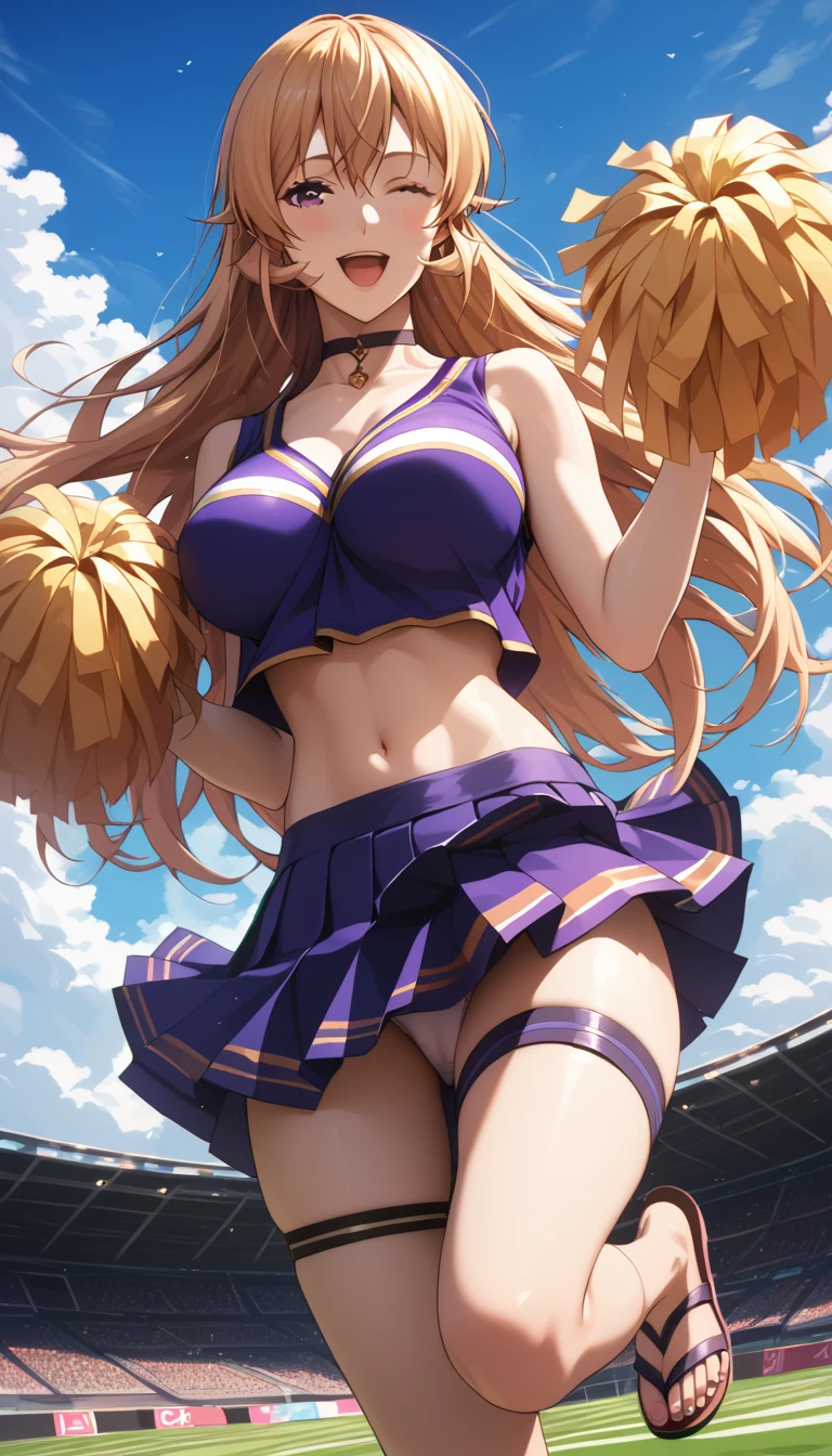 (zaphn art style:0.7), score_9, score_8_up, score_7_up, score_6_up, erina nakiri, long hair, blonde hair, purple eyes, BREAK (masterpiece:1.2), best quality, high resolution, (beautiful detailed eyes:1.3), perfect lighting, (perfect hands, perfect anatomy), hearts, pleasured, large breasts, sagging breasts, 1girl, breasts, pom pom \(cheerleading\), cheerleader, solo, skirt, one eye closed, navel, smile, midriff, crop top, open mouth, full body, panties, field, looking at viewer, underwear, white background, pleated skirt, thigh strap, thighs, sandals, sleeveless, arm up, bare shoulders, choker, cloudy sky, dusk,