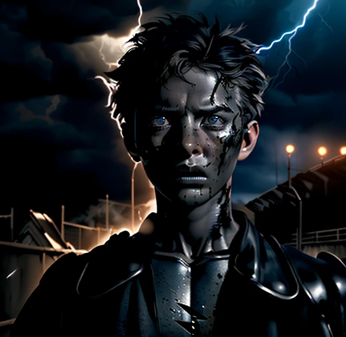 A , electrified lightning strike, soot-covered, scorched, hyper-realistic, cinematic lighting, dramatic pose, intense expression, photorealistic, stunning detail, 8K, HDR, intricate textures, physically based rendering, moody dramatic atmosphere, dark stormy sky, ominous clouds, high contrast