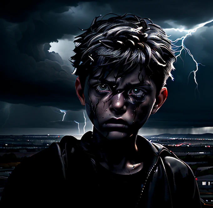 A , electrified lightning strike, soot-covered, scorched, hyper-realistic, cinematic lighting, dramatic pose, intense expression, photorealistic, stunning detail, 8K, HDR, intricate textures, physically based rendering, moody dramatic atmosphere, dark stormy sky, ominous clouds, high contrast